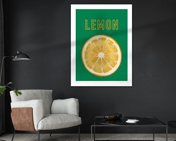 Illustratie van een schijf citroen waarbij de sappige schijfjes te zien op een contrasterende groene achtergrond kleur, leuk voor in de keuken van UMA Digital NL