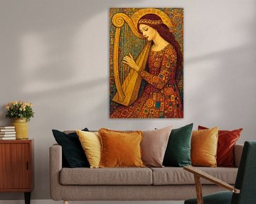 Ein Harfenist spielt die Harfe und malt. von Galerie Hoppenbrouwers