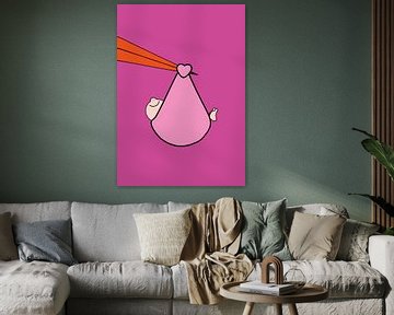 Stork with babygirl - nursery art by Annemarie Broeders