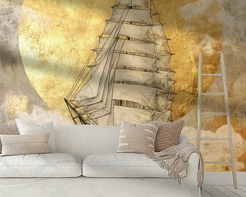 Segelschiff unter goldenem Mond - Poetische Malerei von Peter Pen Zeichnungen und Gemälde