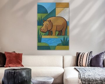 Eine geometrische Illustration eines Nilpferdes. von Galerie Hoppenbrouwers