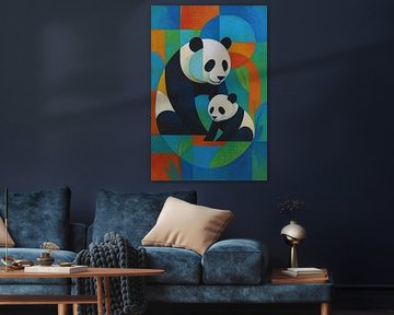 Geometrische Illustration eines Pandas mit Jungtier. von Galerie Hoppenbrouwers