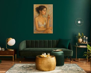 Illustration d'une belle femme en lingerie blanche. sur Galerie Hoppenbrouwers