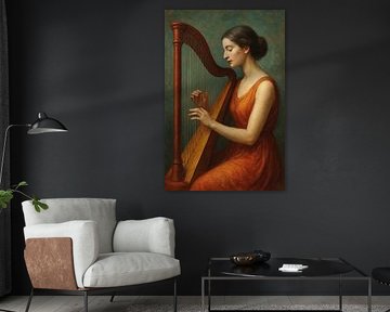 Femme jouant de la harpe peinture. sur Galerie Hoppenbrouwers