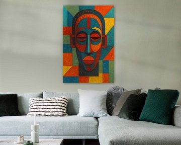 Ein geometrisches Gemälde einer afrikanischen Maske. von Galerie Hoppenbrouwers