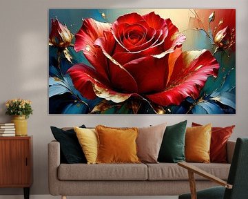 Rote Rose aufgeblüht am Stiel mit Knospen, Blättern und Gold als florales Kunstwerk in Nahaufnahme von AidasignArt