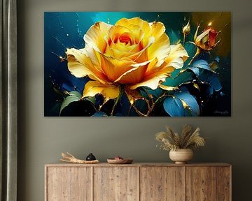 Rosenblüte am Stiel mit Knospen, Blättern und Gold in Nahaufnahme von AidasignArt