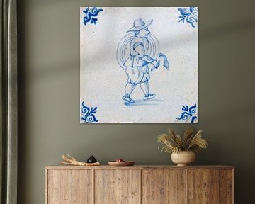 Original antique 17th-century Delft blue and white tile depicting farmer by Patricia Hofmeester