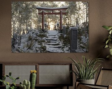 Old, snow-covered natural path in front of a torii gate and stone lanterns in the evening light. Concept: old Japanese shrine by Besa Art