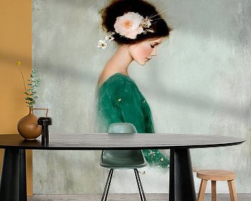 Dromerig portret van een jonge vrouw met bloem in het haar