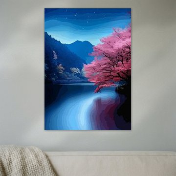 Illustration esthétique japonaise - Nuit éthérée de cerisiers en fleurs au-dessus d'un lac calme