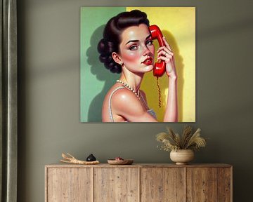 Vintage Elegance Frau und rotes Telefon