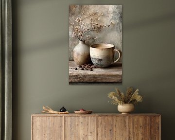 Nature morte au café avec branche fleurie - Beige Taupe Quiet Painting sur Jorali Beaux-Arts