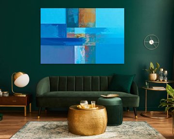 Moderne Abstraktion. Geometrisches Impasto in Blau mit Gold