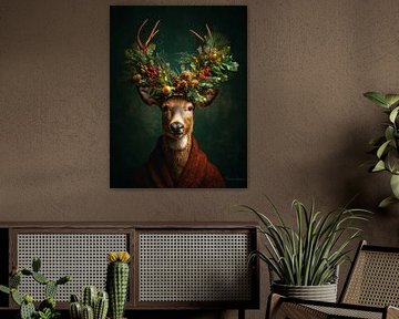 Le cerf d'hiver avec la couronne de Noël sur But First Framing