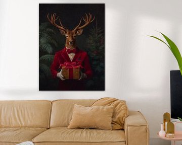 Portrait élégant de renne de la Renaissance avec cadeau de Noël et couleurs chaudes de l'hiver sur But First Framing