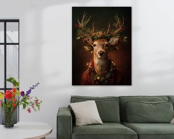 Portrait de cerf atmosphérique avec couronne festive et look chaleureux de Noël sur But First Framing