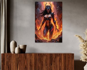 PYRAE: Sexy Dämonenfrau, die aus infernalem Feuer hervortritt