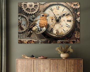robin par l'horloge - œuvre d'art vintage sur Emiel de Lange
