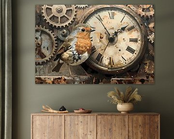 robin by clock - vintage artwork by Emiel de Lange