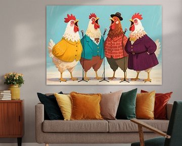 Porträtillustration von singenden Hähnen auf dem Lande