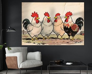 Porträtillustration von singenden Hähnen auf dem Lande