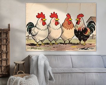 Porträtillustration von singenden Hähnen auf dem Lande