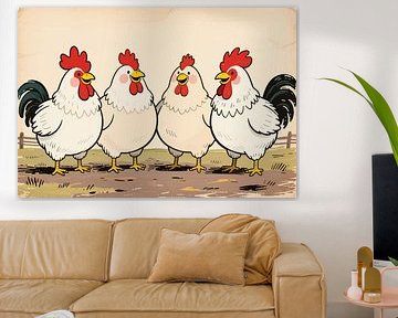 Porträtillustration von singenden Hähnen auf dem Lande