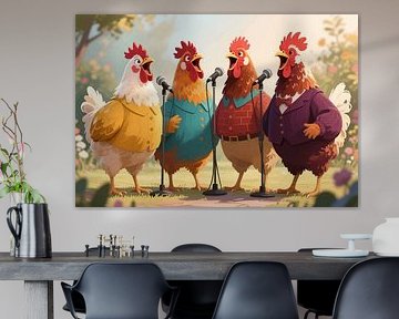 Porträtillustration von singenden Hähnen auf dem Lande