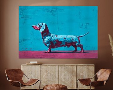 Colourful dachshund in blue and pink