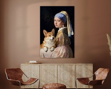 La fille à la boucle d'oreille en perle et le chien Corgi sur FRESH Fine Art