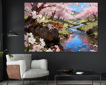 Fox in a cherry blossom garden Landscape painting in bright colours by FRESH Fine Art
