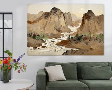 Landschaftsmalerei Japanische Berge Abstrakter Expressionismus in Naturfarben von FRESH Fine Art