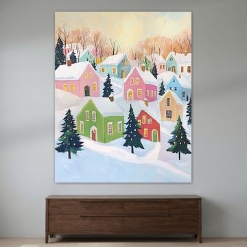 Snowy village with Christmas trees by Wonderful Art