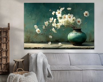 Blumenvase | Weiße Blütenblätter Teal Vase von Wunderbare Kunst