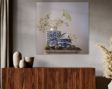 Still life with ginger pot and stacked bowls by Oda Slofstra