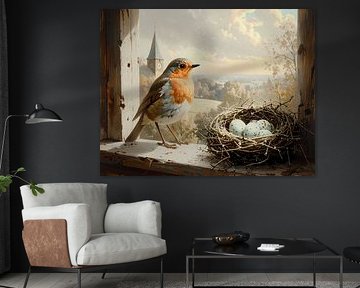 Merle avec nid dans la tour