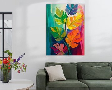 Abstrakte farbenfrohe botanische Kunst: Mehrfarbige Monstera