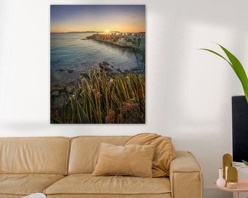 Blick auf die Piazza Bovio in Piombino bei Sonnenuntergang, Toskana