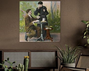 Vintage postcard circa 1905 of a couple in love having tea d by Patricia Hofmeester