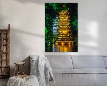 The Sun and Moon Pagodas at Shan Lake in Guilin, China by Jan Fritz