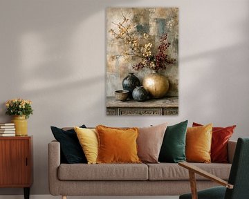 Dunkles Stillleben mit Keramik und Blüten - romantisch und luxuriös