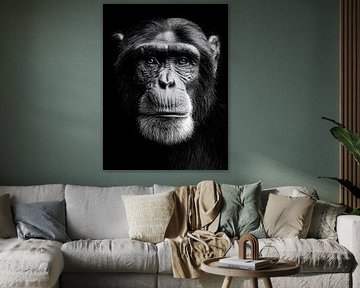 Schimpanse – Nachdenklicher Blick und stille Präsenz in Schwarzweiß
