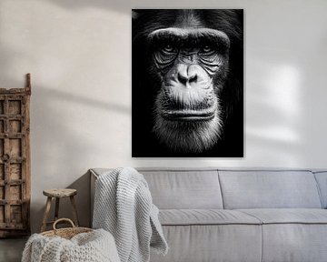 Schimpanse – Nachdenklicher Blick und stille Präsenz in Schwarzweiß