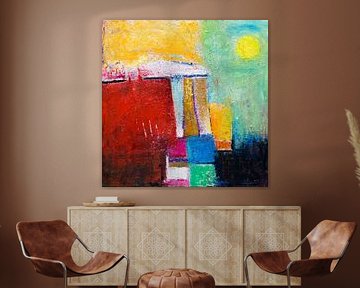 Sun | Moon | Abstract painting with red yellow and green by Anja Namink - Paintings