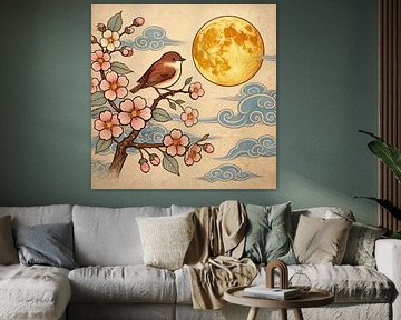 Mondblume in Balance - japandische Vogelkunst mit goldenem Mond von Kleurenrijk