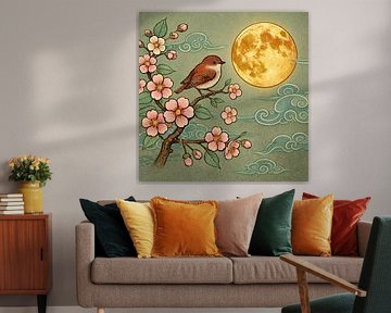 Green Moon Rest - japandische Vogelkunst mit Blüte und Vollmond von Kleurenrijk