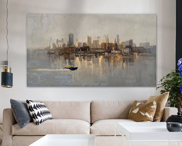 Wassertaxi in Rotterdams gemalter Skyline