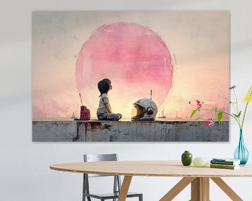 Kind mit Astronautenhelm auf rosa Planet - verträumte Malerei