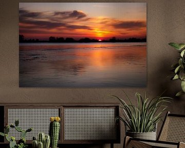 Sunset over natural ice in the floodplain by Willemijn Wolthaus